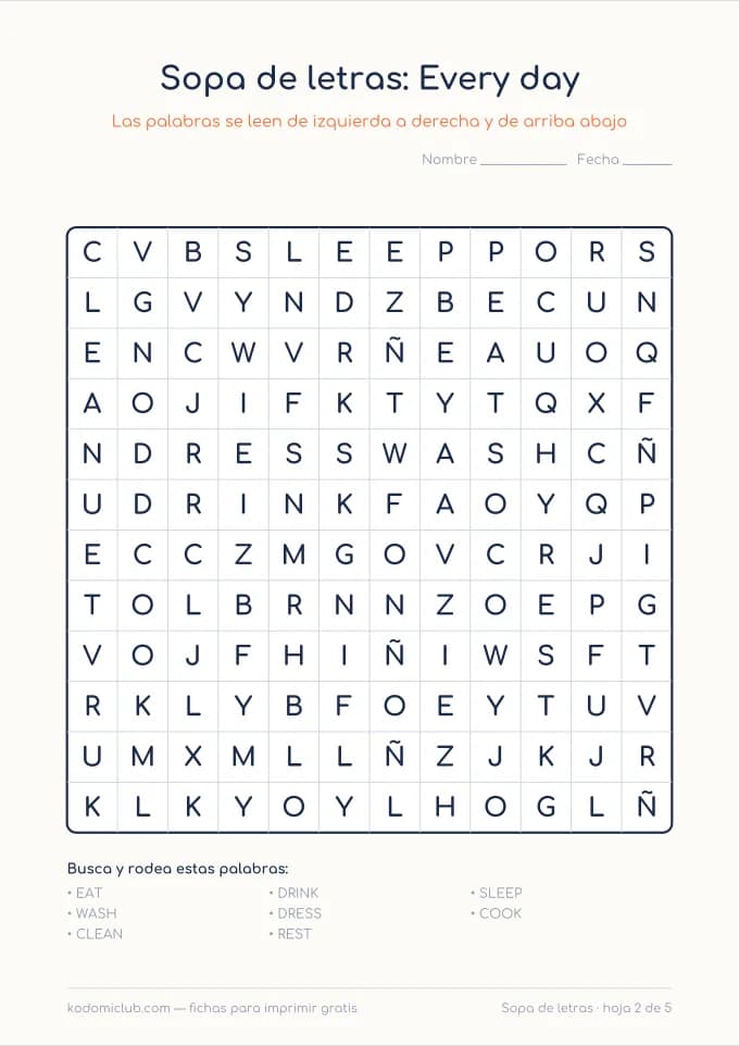 Sopa de letras de los verbos en inglés, hoja 2