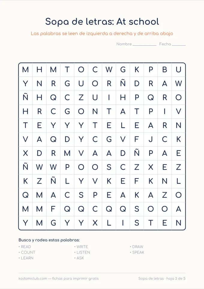 Sopa de letras de los verbos en inglés, hoja 3