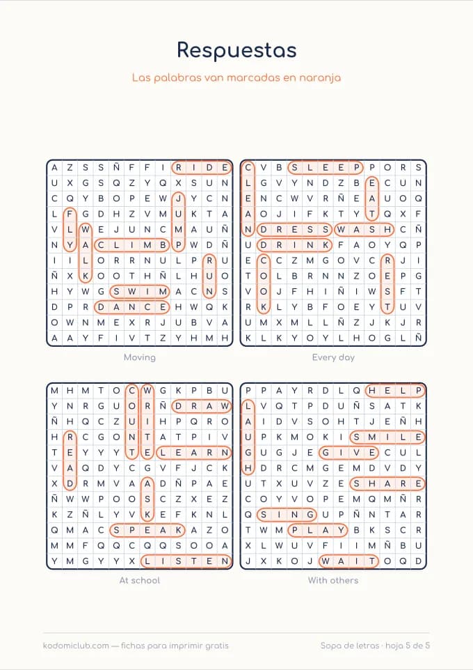 Sopa de letras de los verbos en inglés, hoja 5
