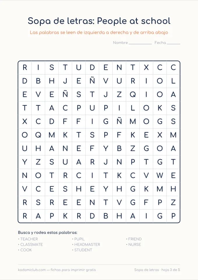 Sopa de letras del colegio en inglés, hoja 3