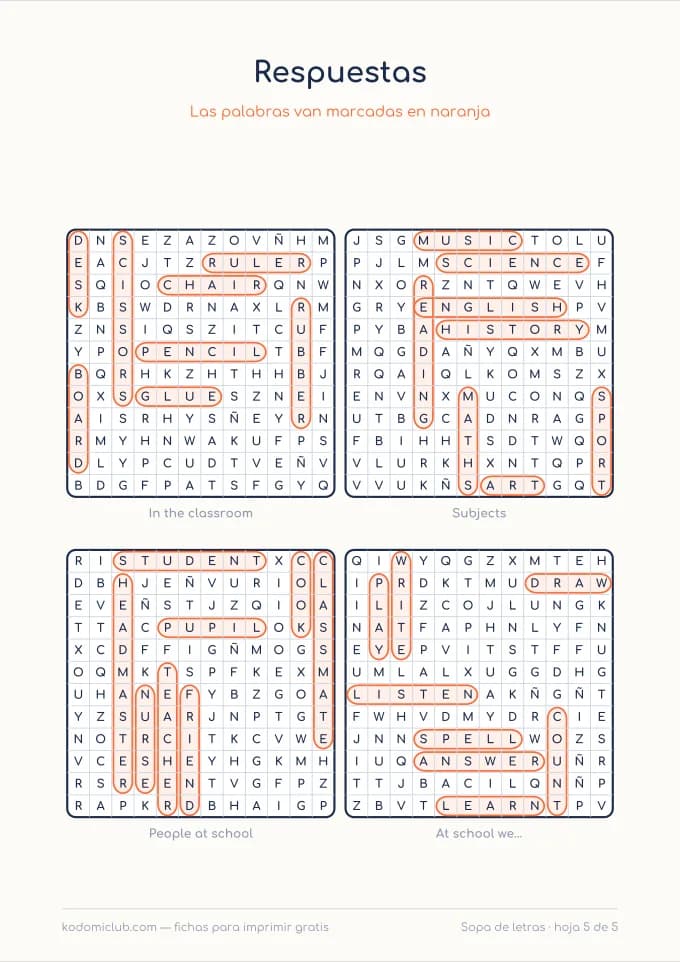 Sopa de letras del colegio en inglés, hoja 5