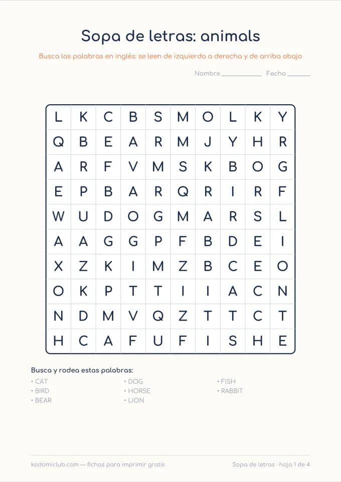 Sopa de letras en inglés. Ficha para imprimir, 6–8 años