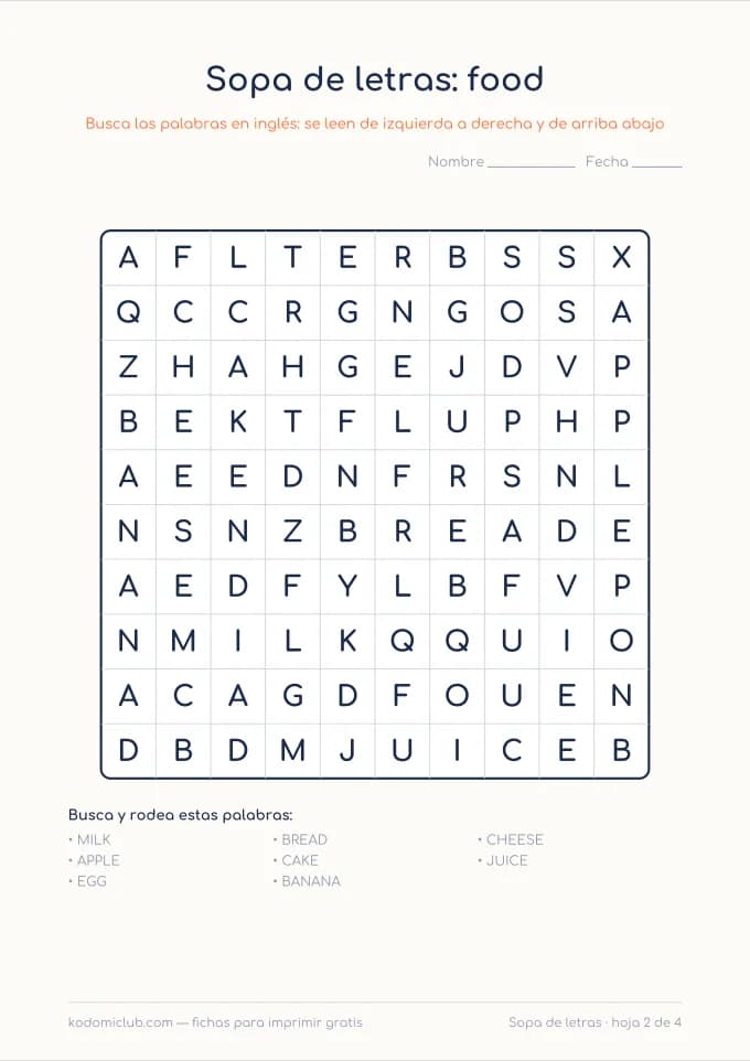 Sopa de letras en inglés, hoja 2