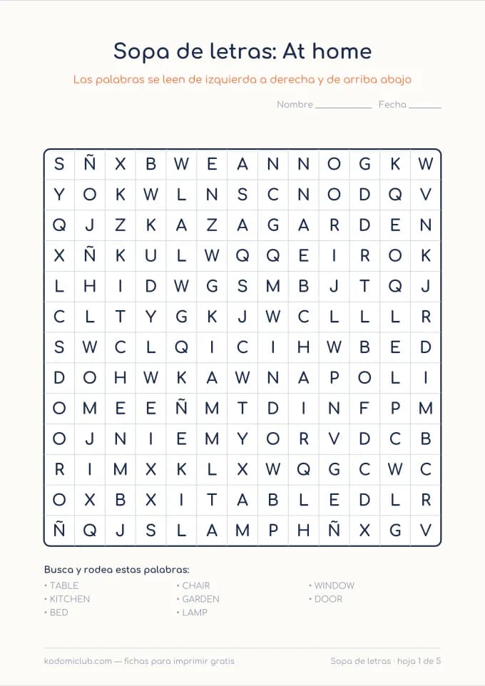Sopa de letras en inglés: difícil. Ficha para imprimir, 8–9 años
