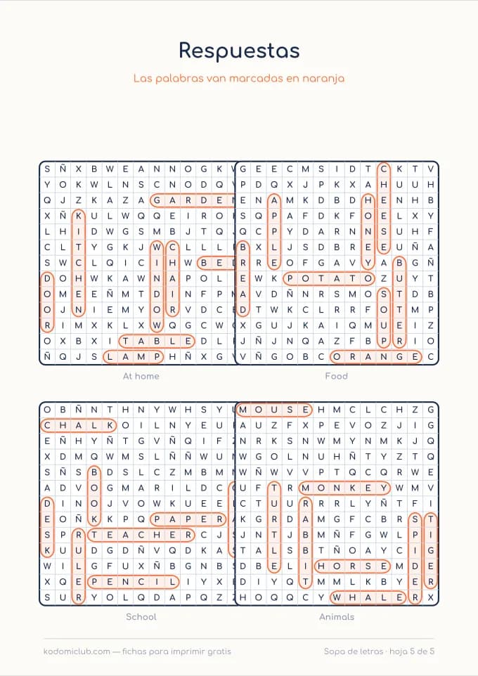 Sopa de letras en inglés: difícil, hoja 5