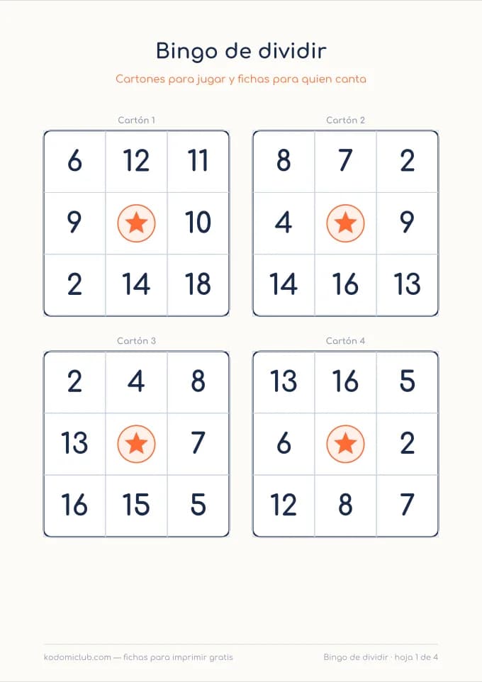Bingo de dividir. Ficha para imprimir, 8–9 años