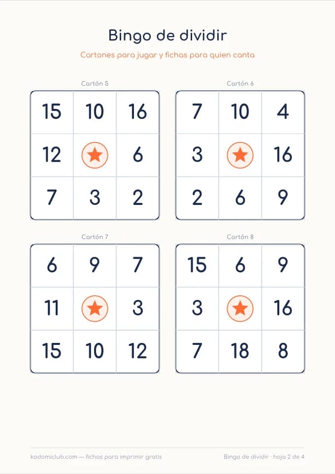 Bingo de dividir, hoja 2