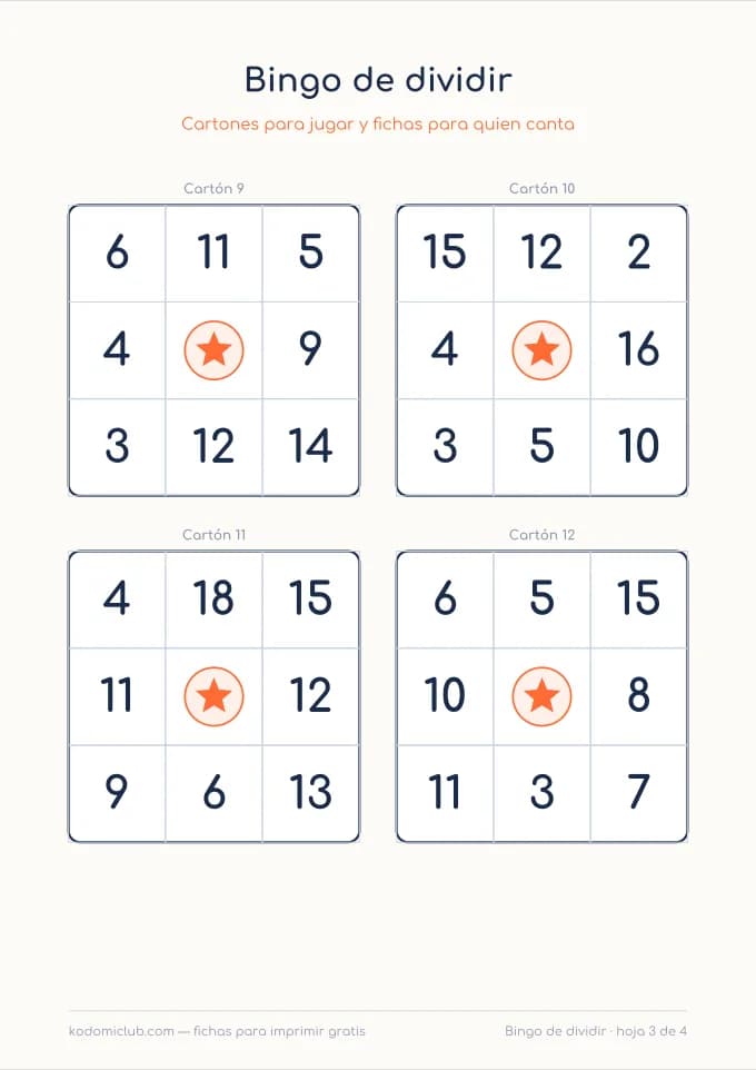 Bingo de dividir, hoja 3