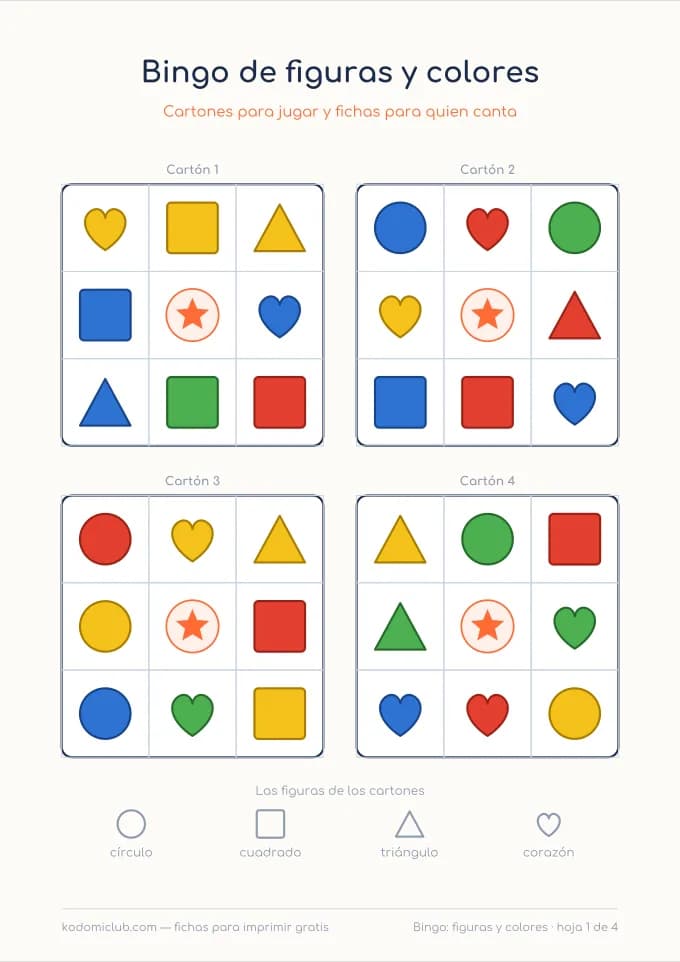 Bingo de figuras y colores. Ficha para imprimir, 3–5 años