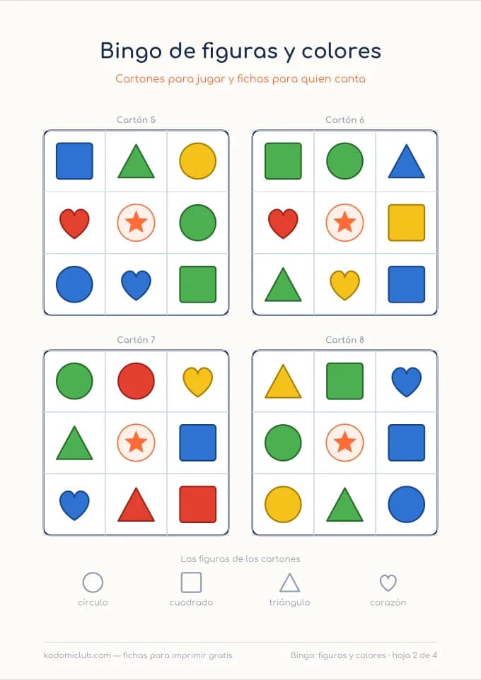 Bingo de figuras y colores, hoja 2