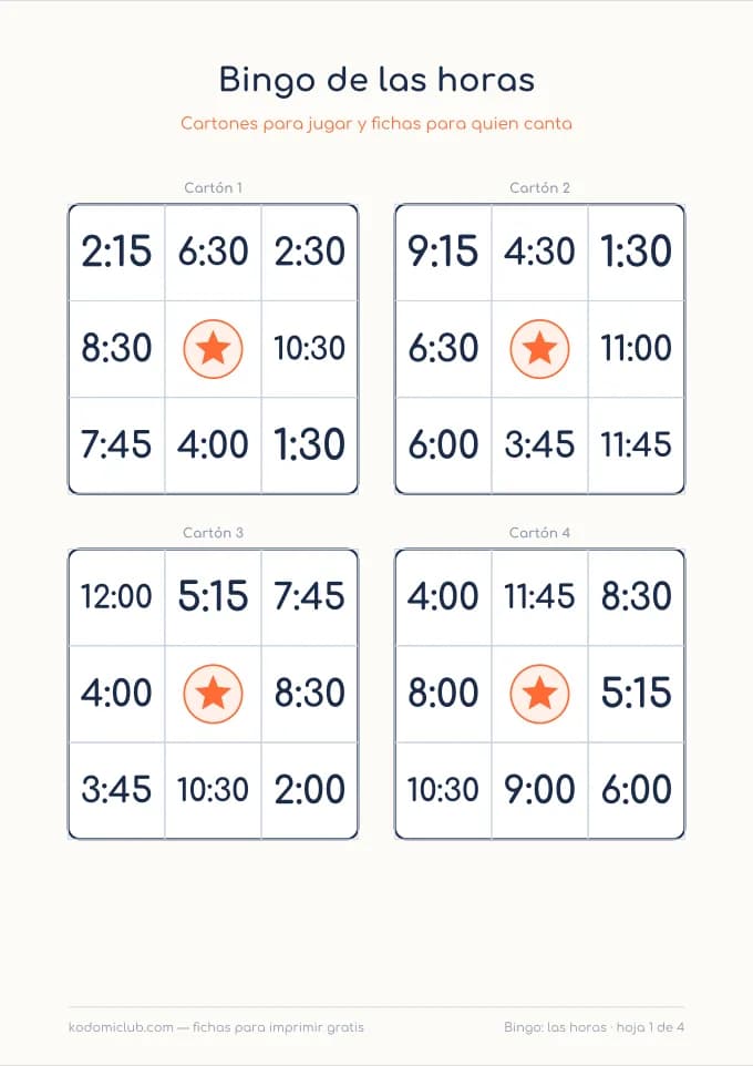 Bingo de las horas. Ficha para imprimir, 7–9 años