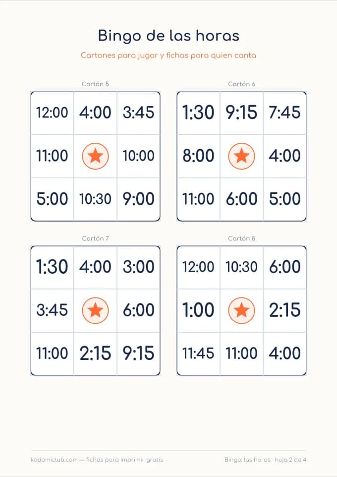 Bingo de las horas, hoja 2