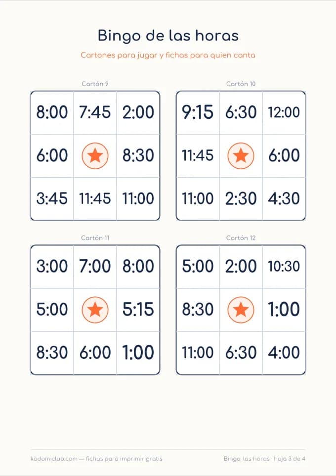 Bingo de las horas, hoja 3