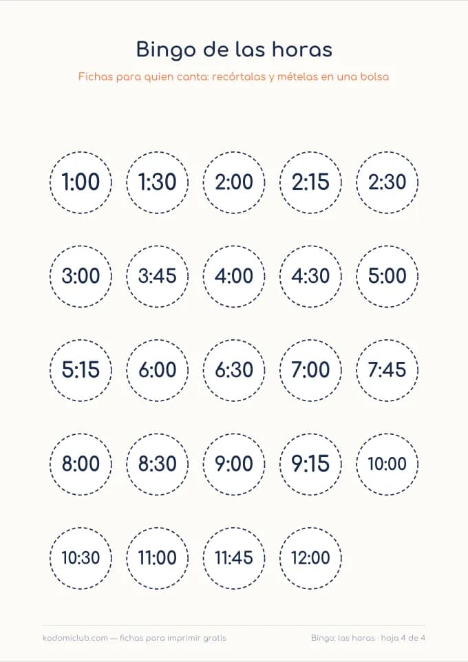 Bingo de las horas, hoja 4