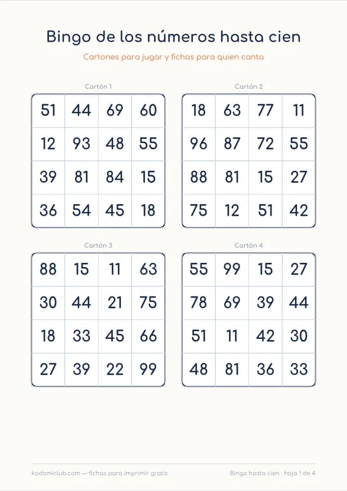Bingo de los números hasta cien. Ficha para imprimir, 6–9 años