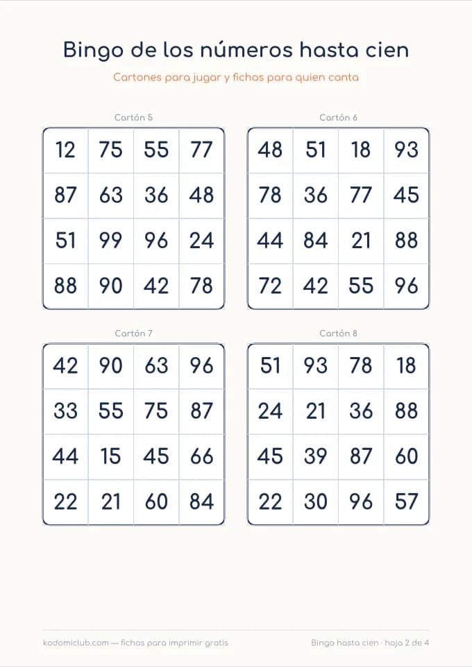 Bingo de los números hasta cien, hoja 2