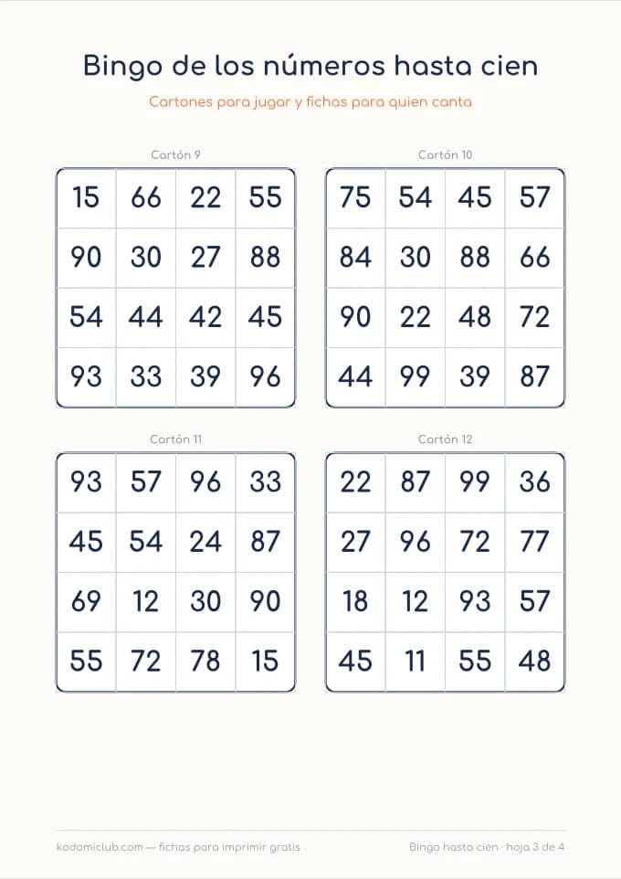 Bingo de los números hasta cien, hoja 3