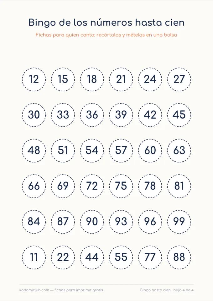 Bingo de los números hasta cien, hoja 4