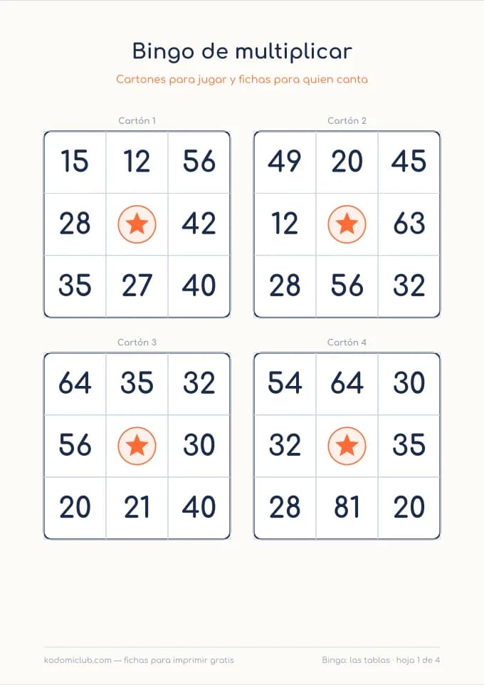 Bingo de multiplicar. Ficha para imprimir, 8–9 años