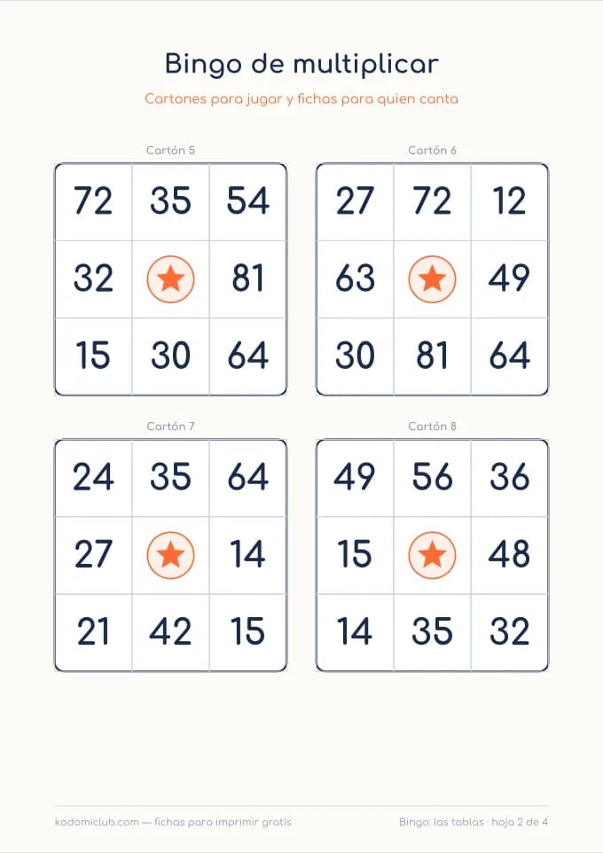 Bingo de multiplicar, hoja 2
