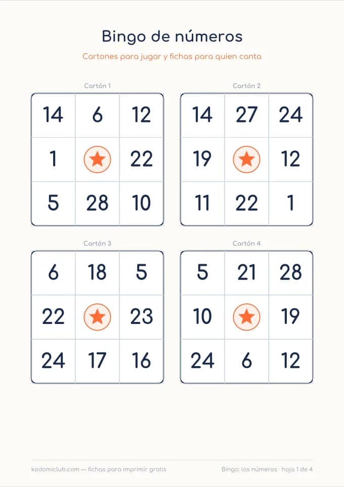 Bingo de números. Ficha para imprimir, 5–8 años