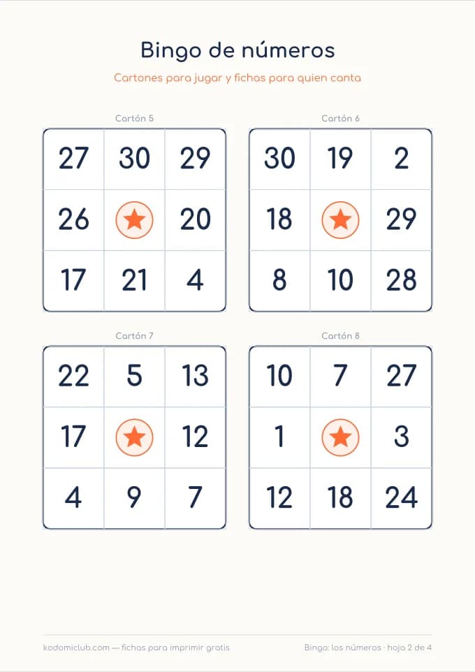 Bingo de números, hoja 2