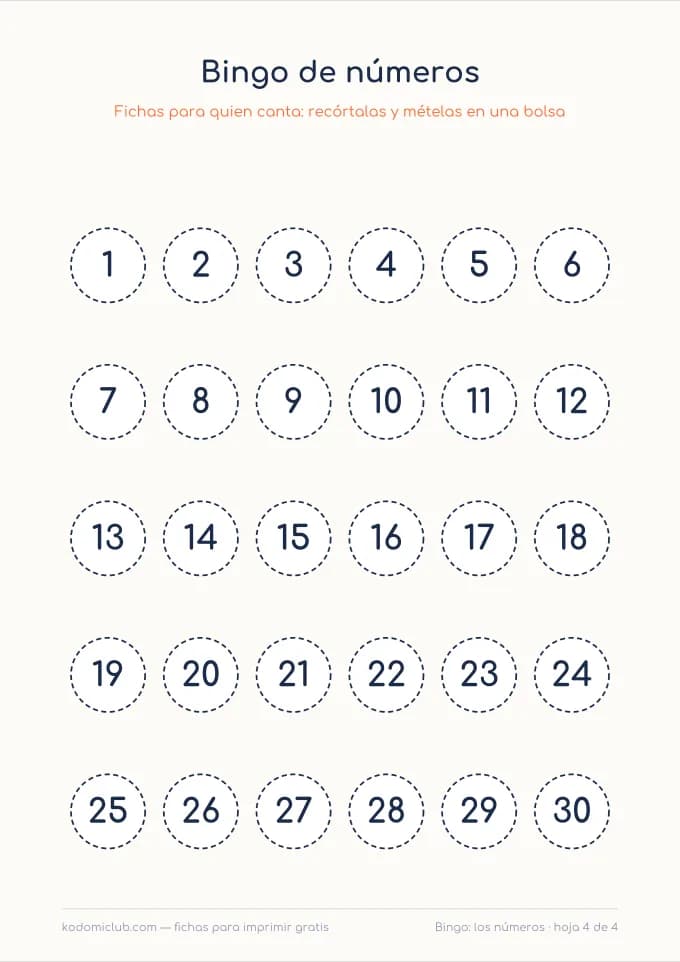 Bingo de números, hoja 4