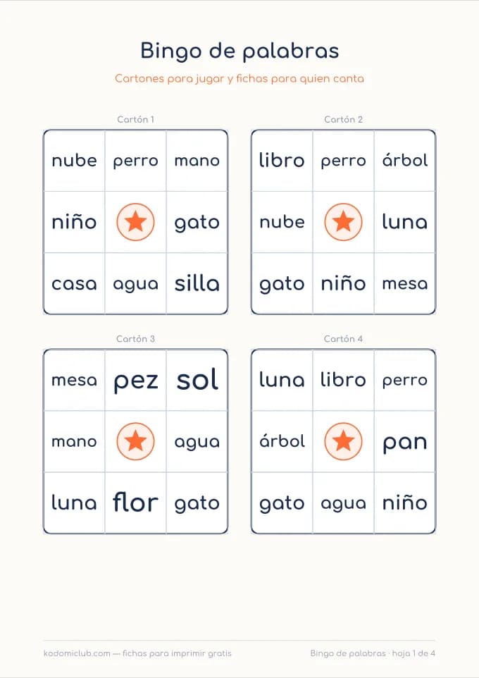 Bingo de palabras. Ficha para imprimir, 5–8 años
