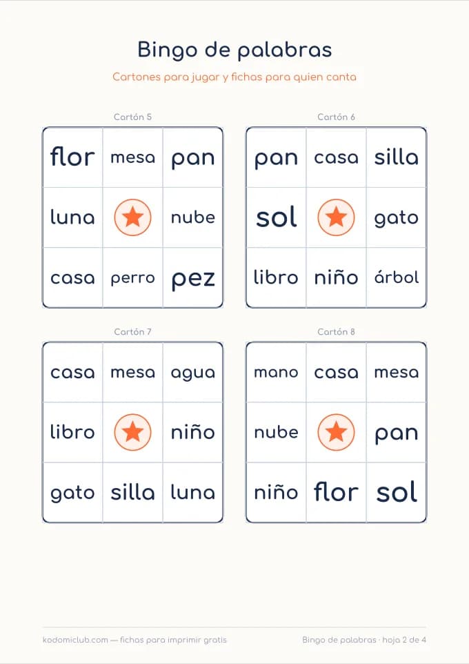 Bingo de palabras, hoja 2
