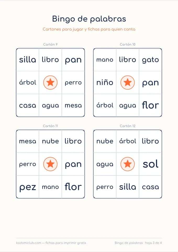 Bingo de palabras, hoja 3