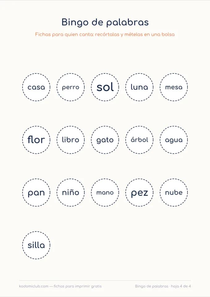 Bingo de palabras, hoja 4