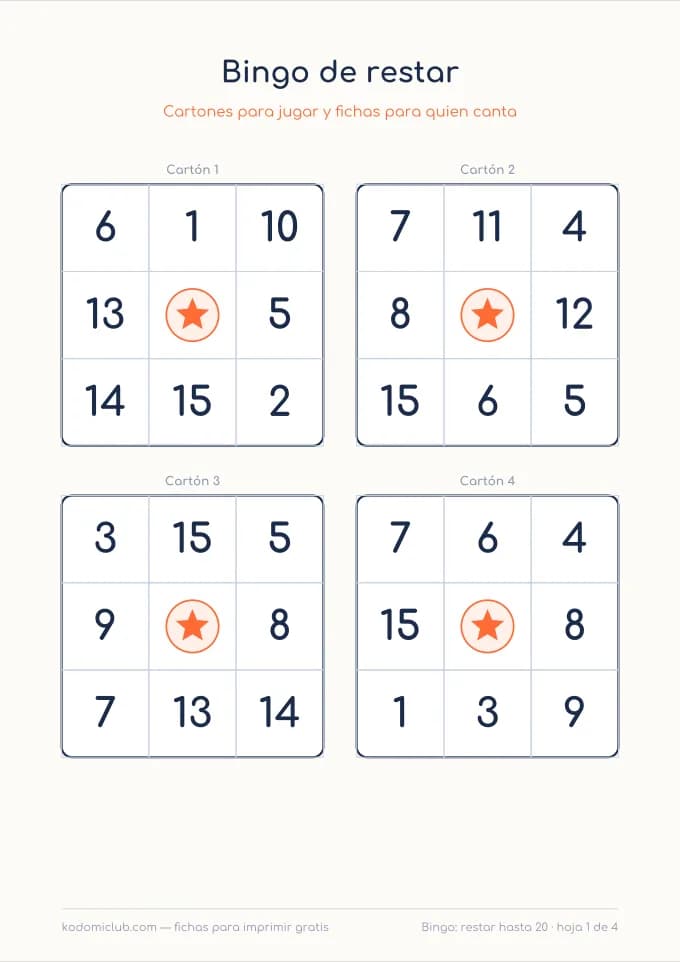 Bingo de restar, hoja 1