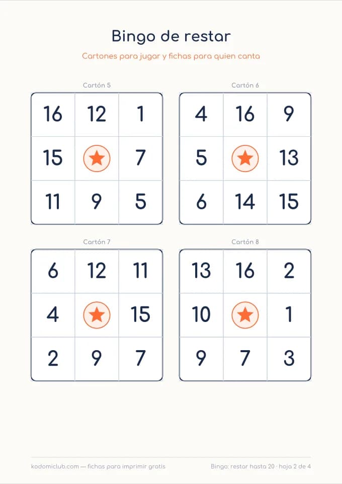 Bingo de restar, hoja 2