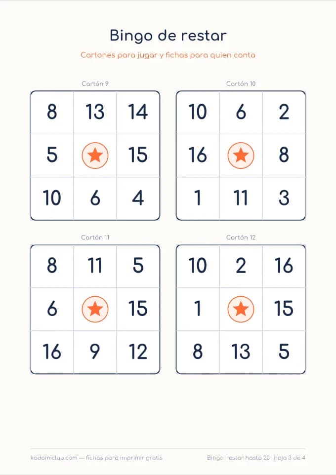 Bingo de restar, hoja 3