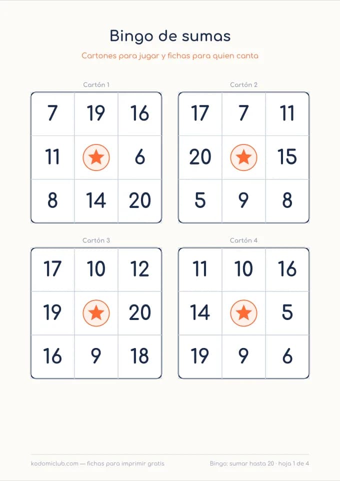 Bingo de sumas, hoja 1