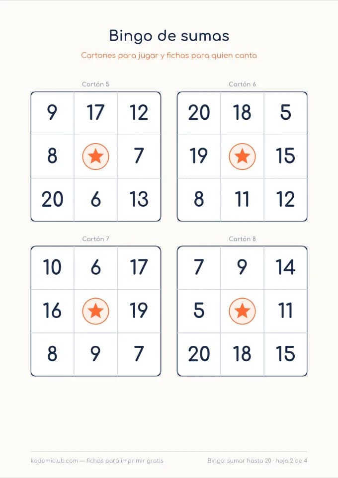 Bingo de sumas, hoja 2