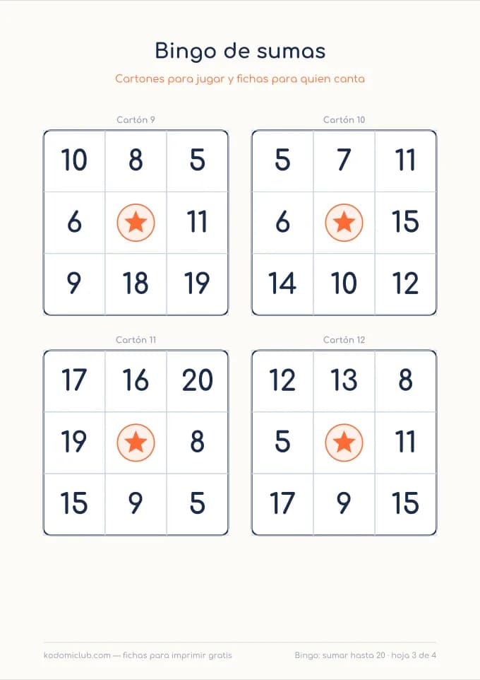 Bingo de sumas, hoja 3