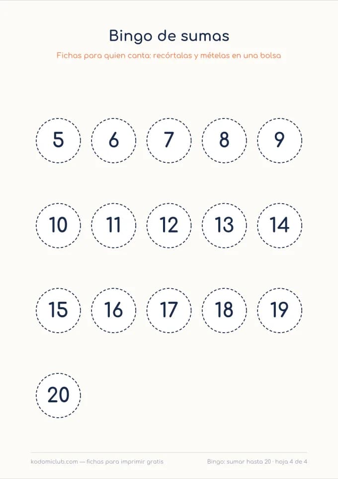 Bingo de sumas, hoja 4