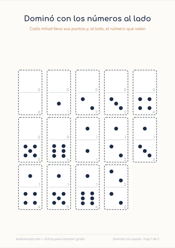 Dominó con los números al lado. Ficha para imprimir, 4–7 años