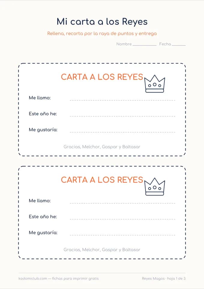 La carta a los Reyes Magos. Ficha para imprimir, 4–9 años
