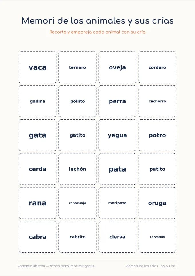 Memori de los animales y sus crías, hoja 1
