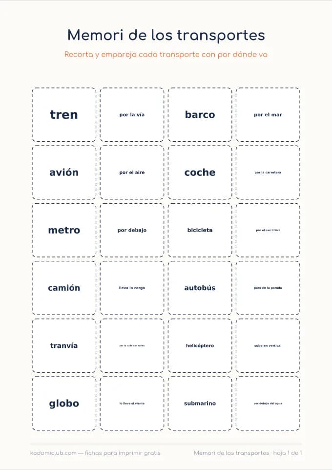 Memori de los transportes. Ficha para imprimir, 5–8 años