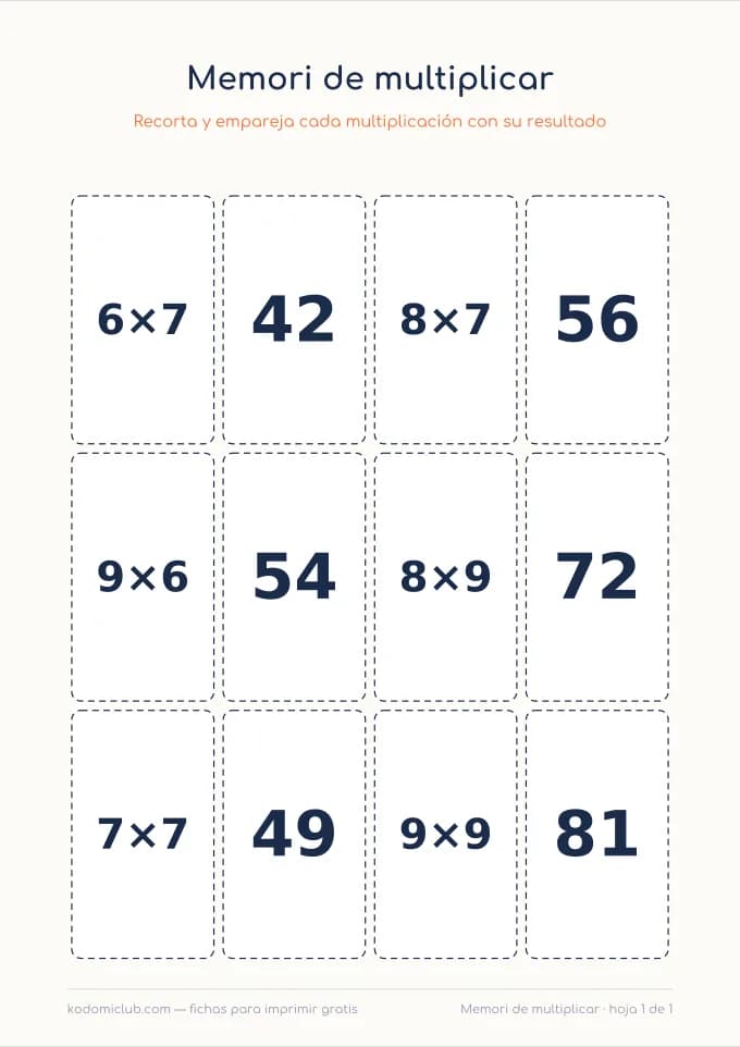 Memori de multiplicar. Ficha para imprimir, 8–9 años