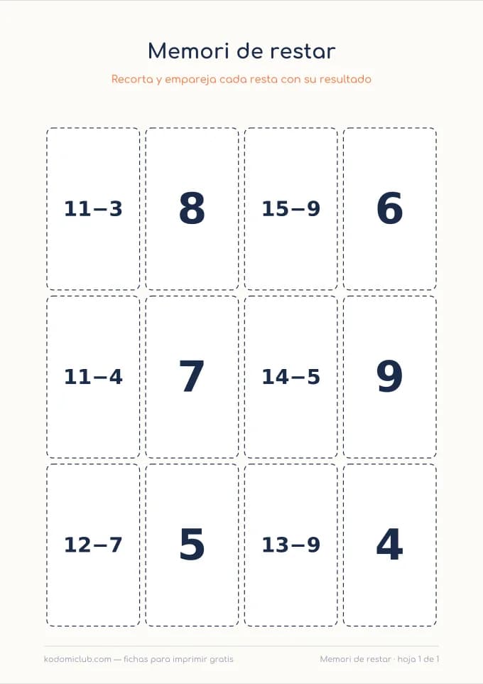 Memori de restar. Ficha para imprimir, 7–8 años