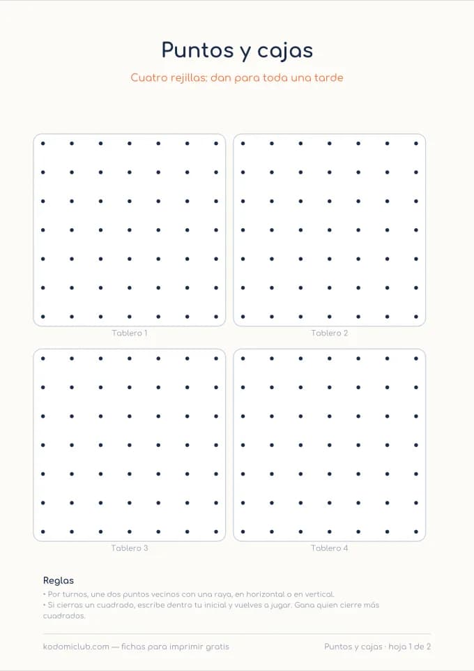 Puntos y cajas. Ficha para imprimir, 6–10 años