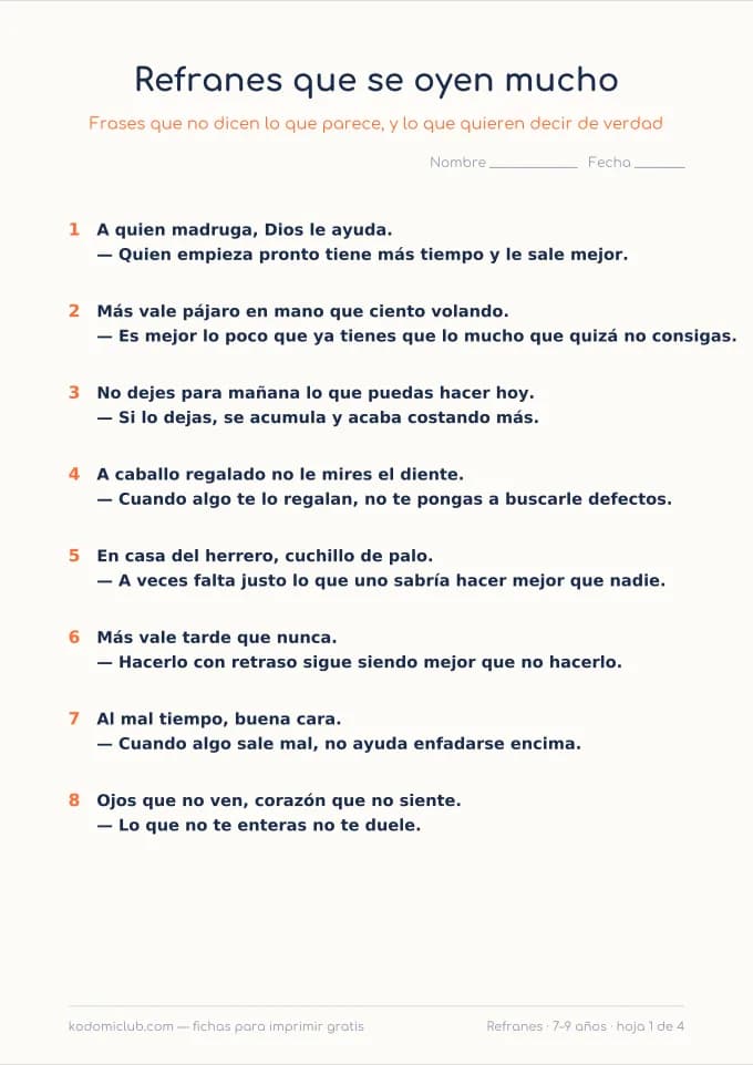 Refranes y dichos. Ficha para imprimir, 7–9 años