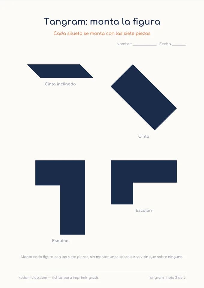 Tangram: objetos y figuras, hoja 3