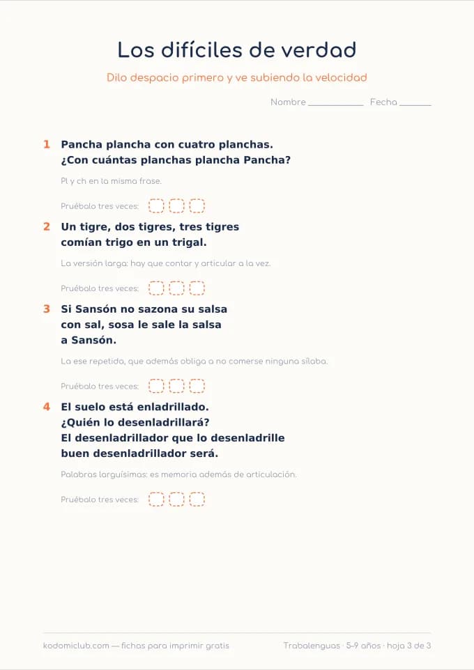 Trabalenguas, hoja 3