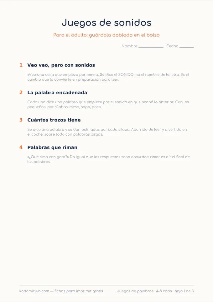 Juegos de palabras para llevar. Ficha para imprimir, 4–8 años