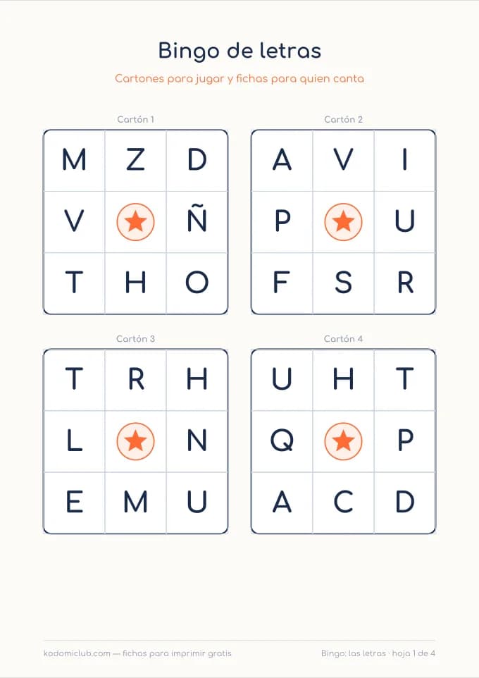 Bingo de letras. Ficha para imprimir, 4–6 años